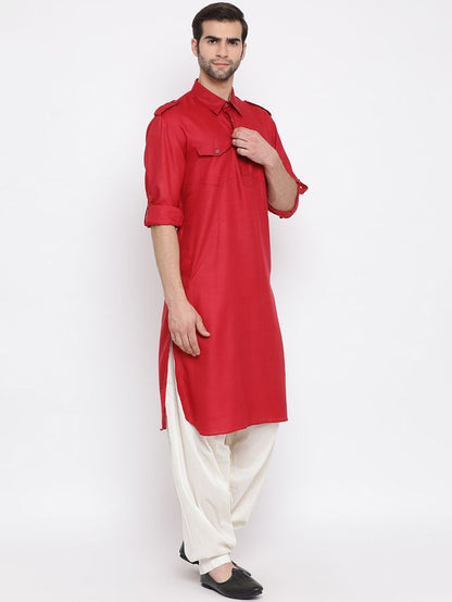 Men's Maroon Cotton Blend Pathani Pathani Kurta Set