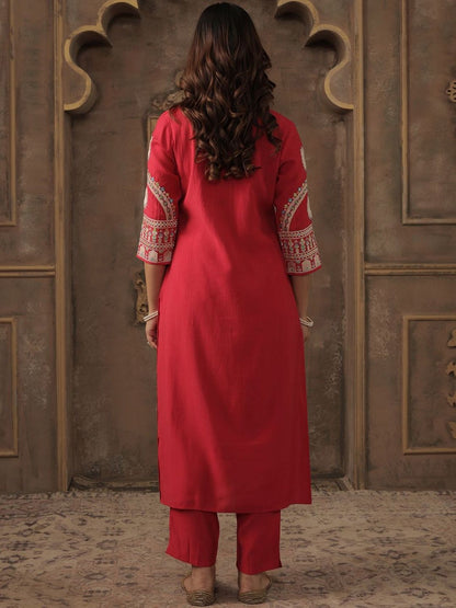 Floral Embroidered V-Neck Thread Work Straight Kurta With Trousers