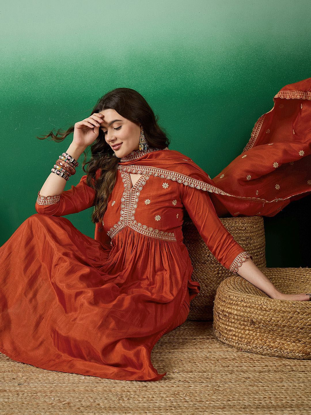 Dhiyona SN Women's Orange Floral Embroidered V-Neck Sequence Straight Kurta With Trousers & Dupatta