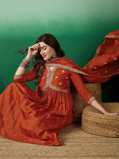 Dhiyona SN Women's Orange Floral Embroidered V-Neck Sequence Straight Kurta With Trousers & Dupatta