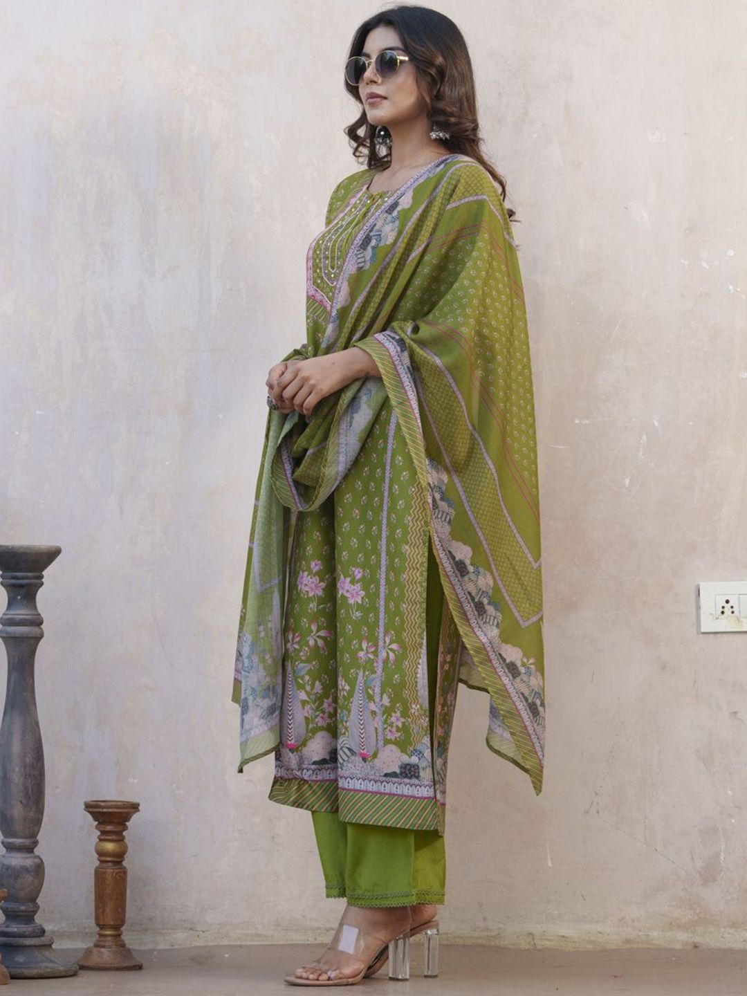 Dhiyona SN Women's Floral Printed Keyhole Neck Muslin Straight Kurta With Trouser & Dupatta