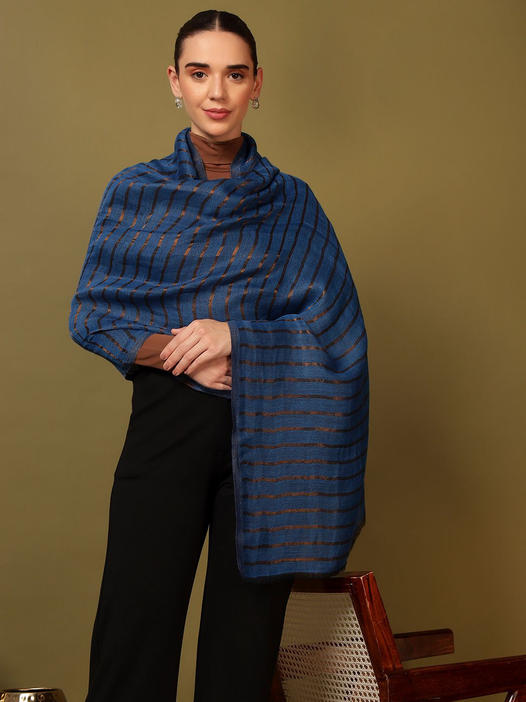 Dhiyona PA Striped Woven Design Woollen Reversible Shawl