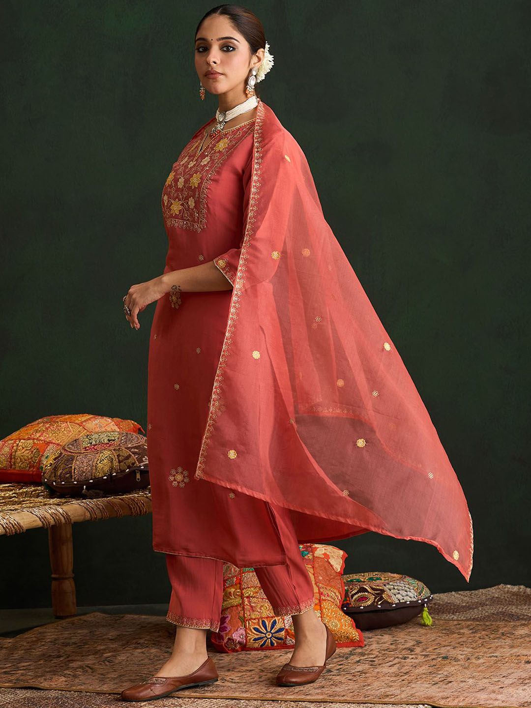 Dhiyona IE Orange Floral Embroidered Notch Neck Straight Kurta with Trousers & Dupatta