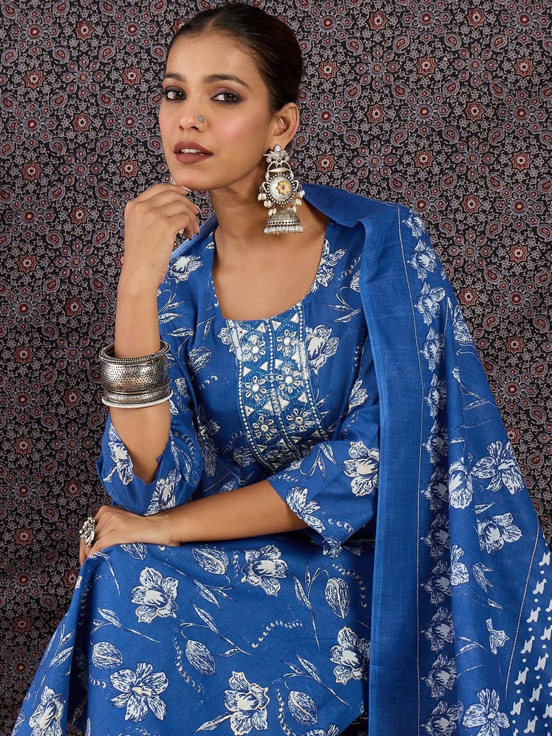 Dhiyona IE Women Floral Printed Regular Mirror Work Kurta with Trousers & With Dupatta