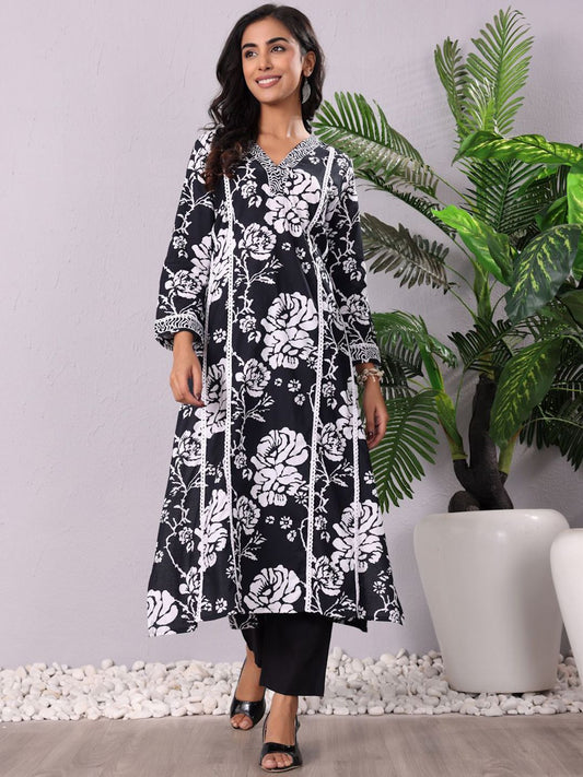 Dhiyona VA Women'sFloral Printed V-Neck Pure Cotton Kurta With Trousers