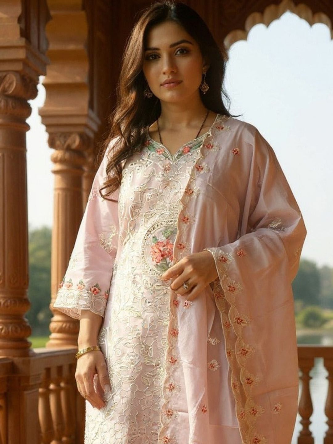 Dhiyona IE Embroidered V-Neck Thread Work Pure Cotton Straight Kurta With Trousers & Dupatta