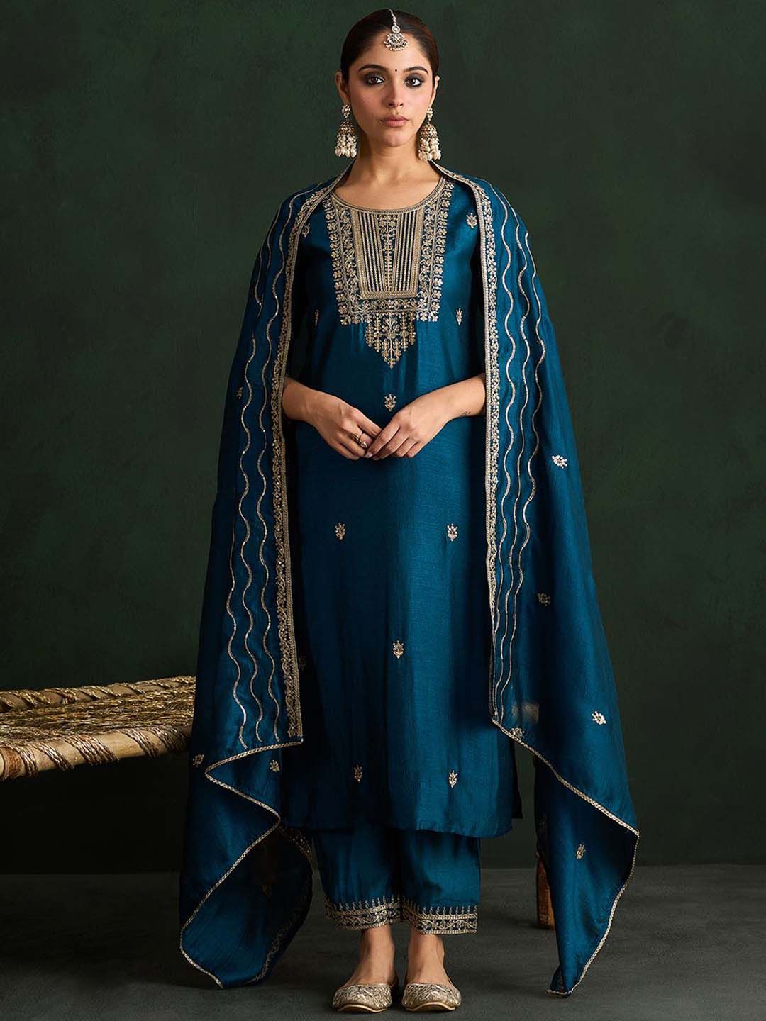 Dhiyona IE Ethnic Motifs Embroidered Straight Kurta with Trousers & With Dupatta