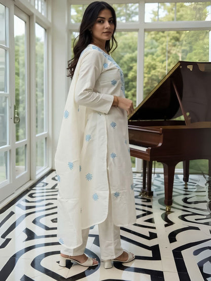 Ethnic Motifs Embroidered Thread Work Pure Cotton Kurta With Trousers & Dupatta