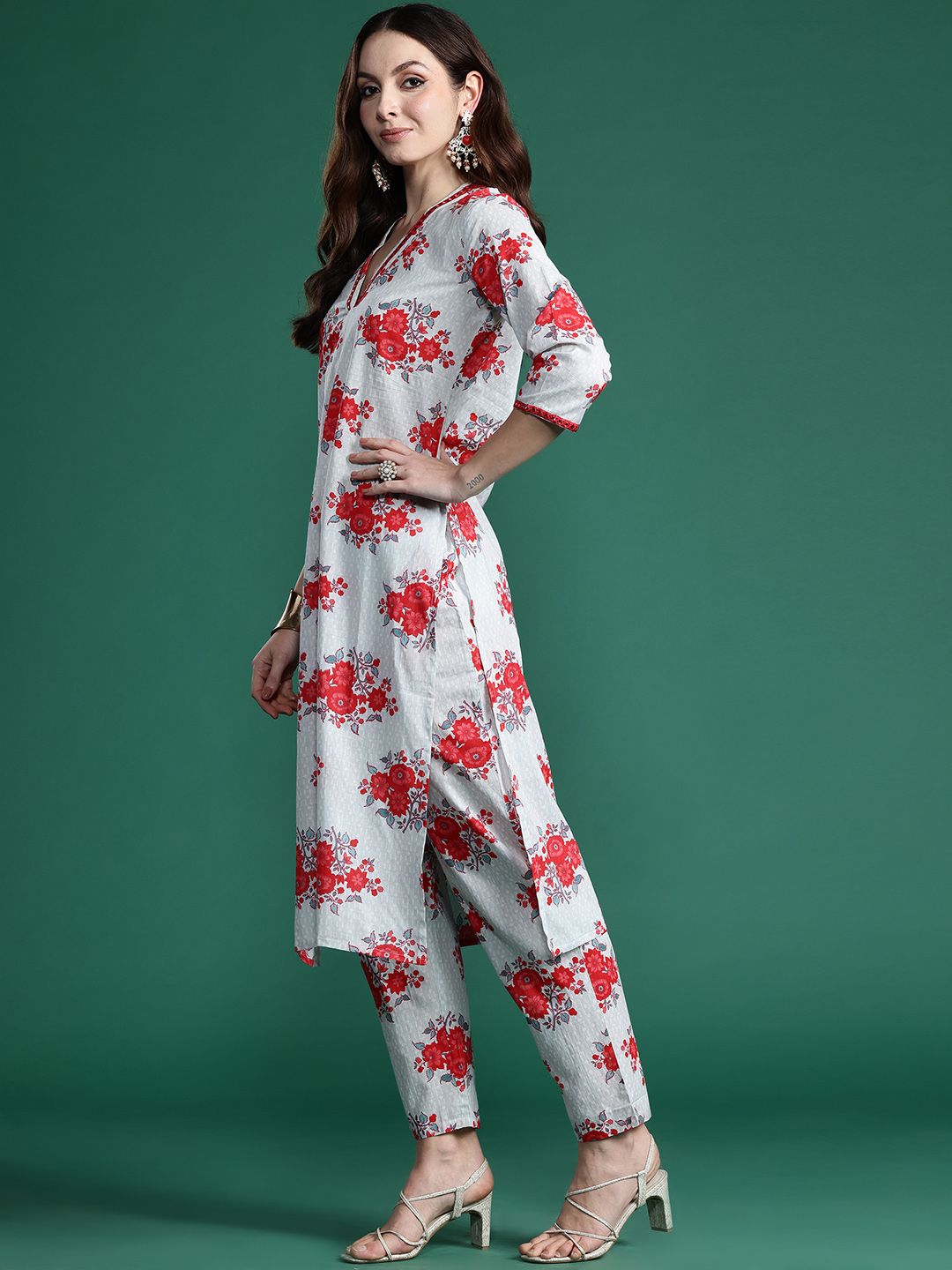 Floral Printed Mirror Work Pure Cotton Kurta with Trousers