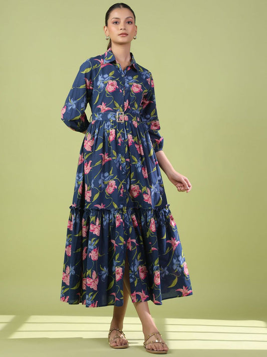 Dhiyona AY Women's Floral Printed Cotton Maxi Flared Ethnic Dress