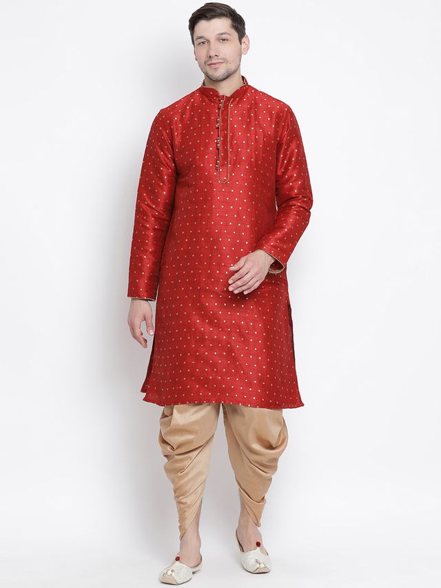 Men's Maroon Silk Blend Straight Kurta and Dhoti Set