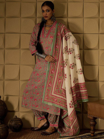 Dhiyona IE Floral Printed Pure Cotton Straight Kurta with Salwar & Dupatta