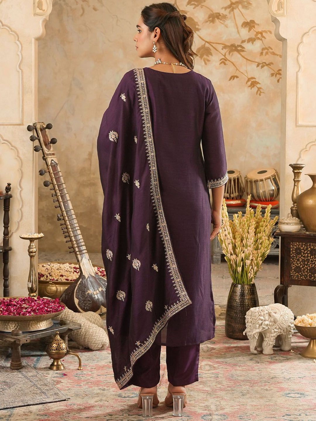 Women Embroidered Straight Kurta Trousers With Dupatta Set