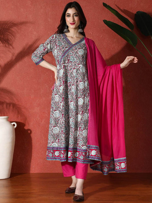 Dhiyona SN Women's Paisley Printed & Embroidered Pure Cotton A-Line Kurta & Trousers With Dupatta