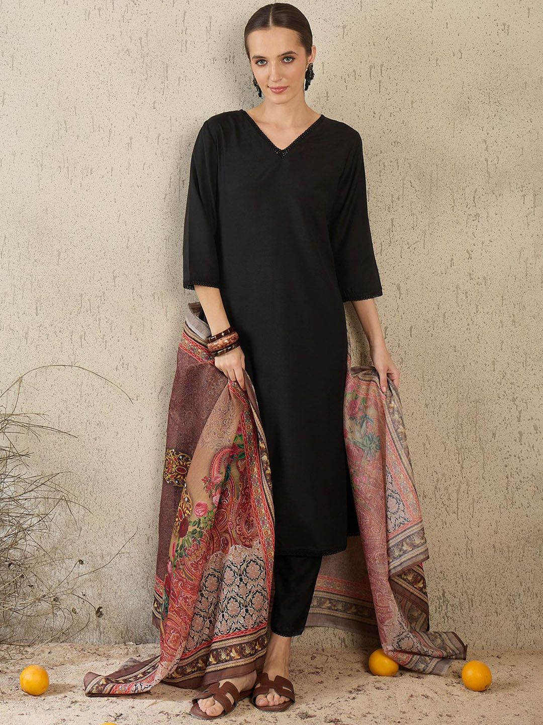 V-Neck A-Line Kurta With Trousers & Dupatta