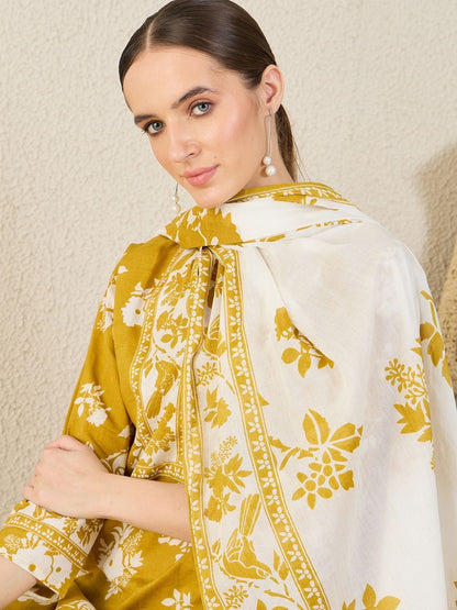 Floral Printed Straight Pure Cotton Kurta With Trousers & Dupatta