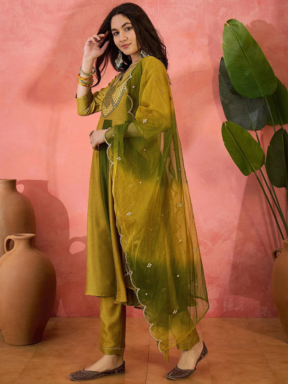 Dhiyona SN Women's Vichitra Thread Mirror Work Embroidery A Line Kurta With Trousers & Dupatta