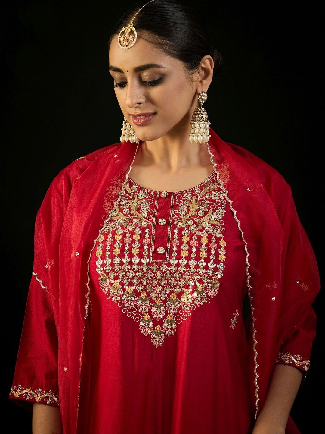 Women Ethnic Motifs Embroidered Regular Sequinned Liva Kurta with Trousers & With Dupatta