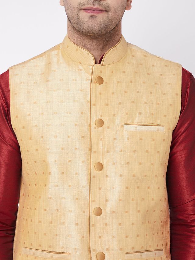 Men's Maroon Silk Blend Straight Jacket  Kurta and Dhoti Set