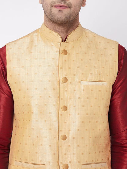 Men's Maroon Silk Blend Straight Jacket  Kurta and Dhoti Set