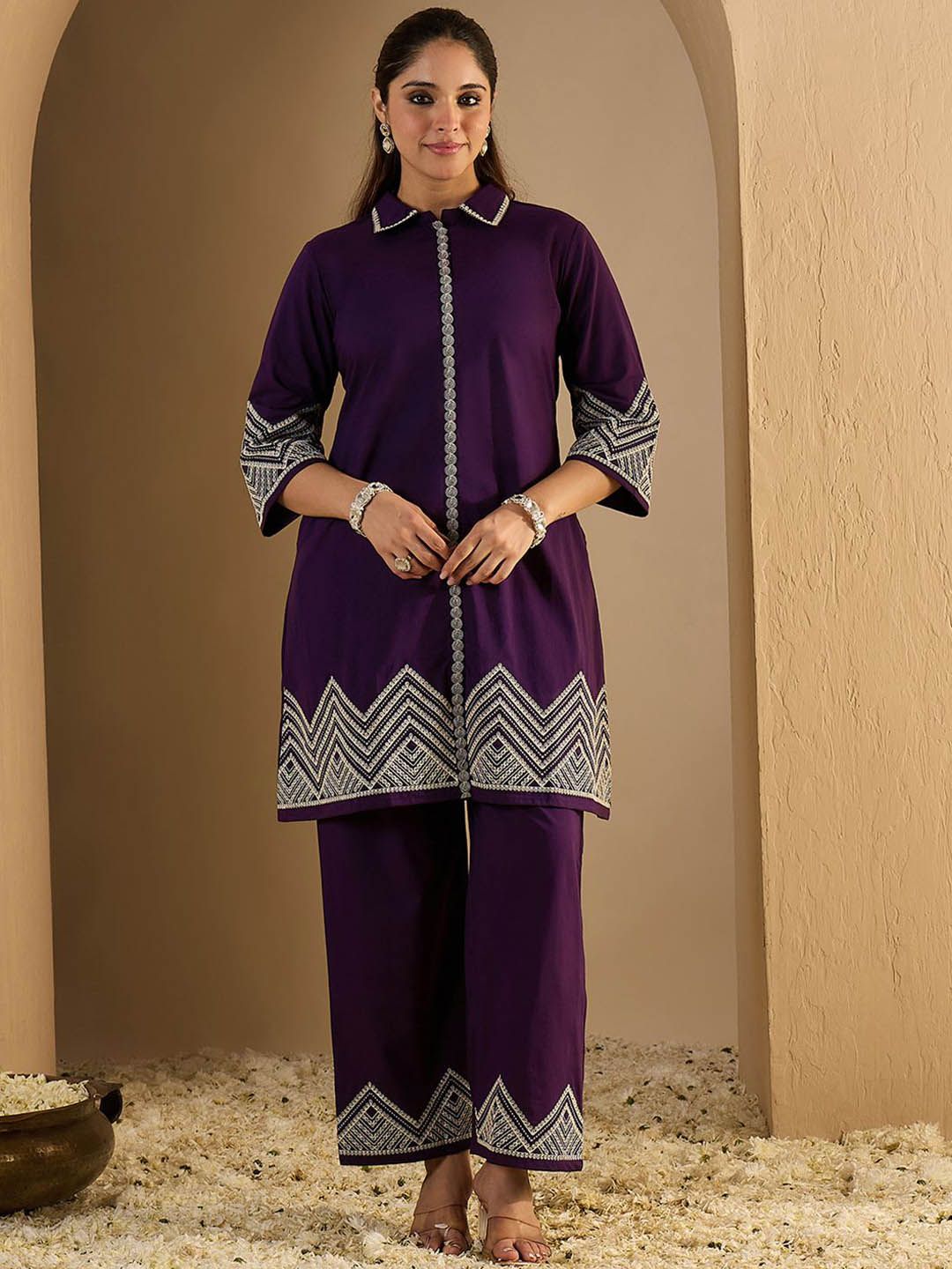 Dhiyona IE Embroidered Shirt Collar Pure Cotton A-Line Tunic With Trouser