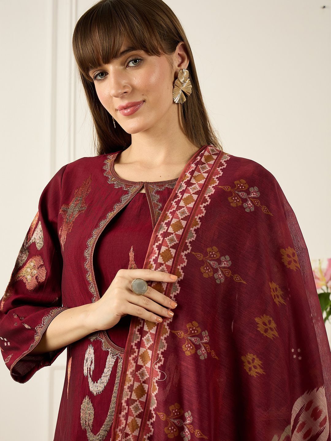 Floral Embroidered Round Neck Regular Straight Kurta With Trousers & Dupatta