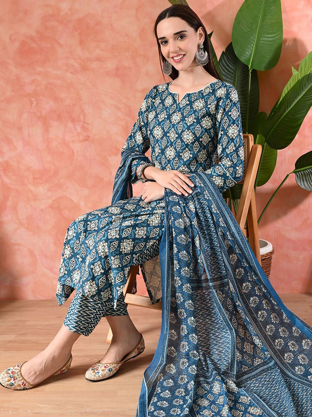 Dhiyona SN Women's Printed A-Line Kurta With Trousers & Dupatta