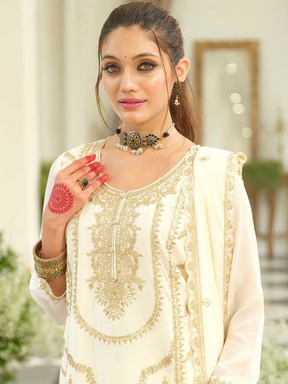 Floral Embroidered Thread Work Kurta With Palazzos & Dupatta
