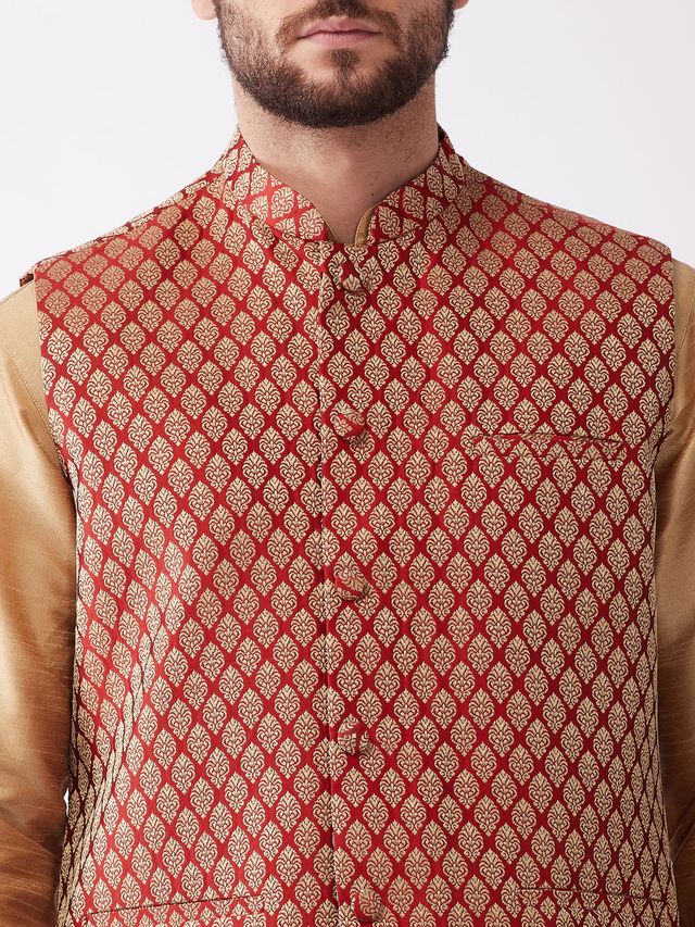 Men's Rose Gold Silk Blend Straight Jacket  Kurta and Dhoti Set