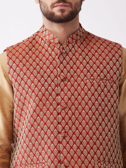 Men's Rose Gold Silk Blend Straight Jacket  Kurta and Dhoti Set