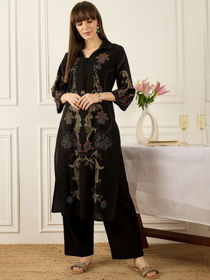 Dhiyona IE Embroidered V-Neck Three-Quarter Sleeves Pure Cotton Tunic And Trousers