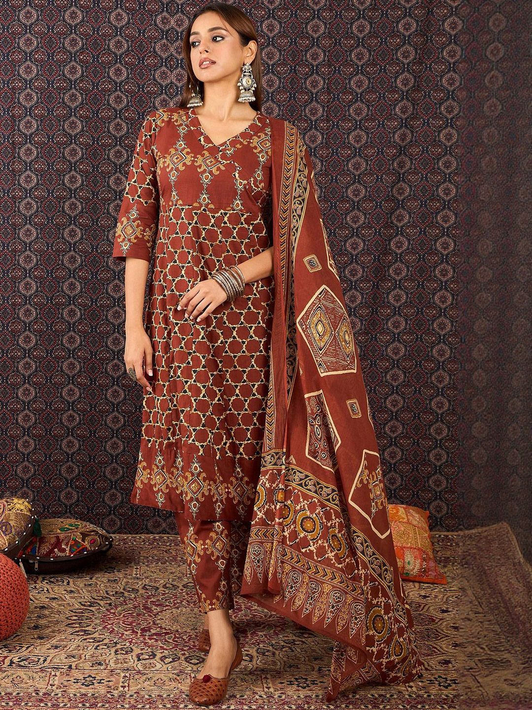 Women Ethnic Motifs Printed Regular Pure Cotton Kurta Trousers With Dupatta