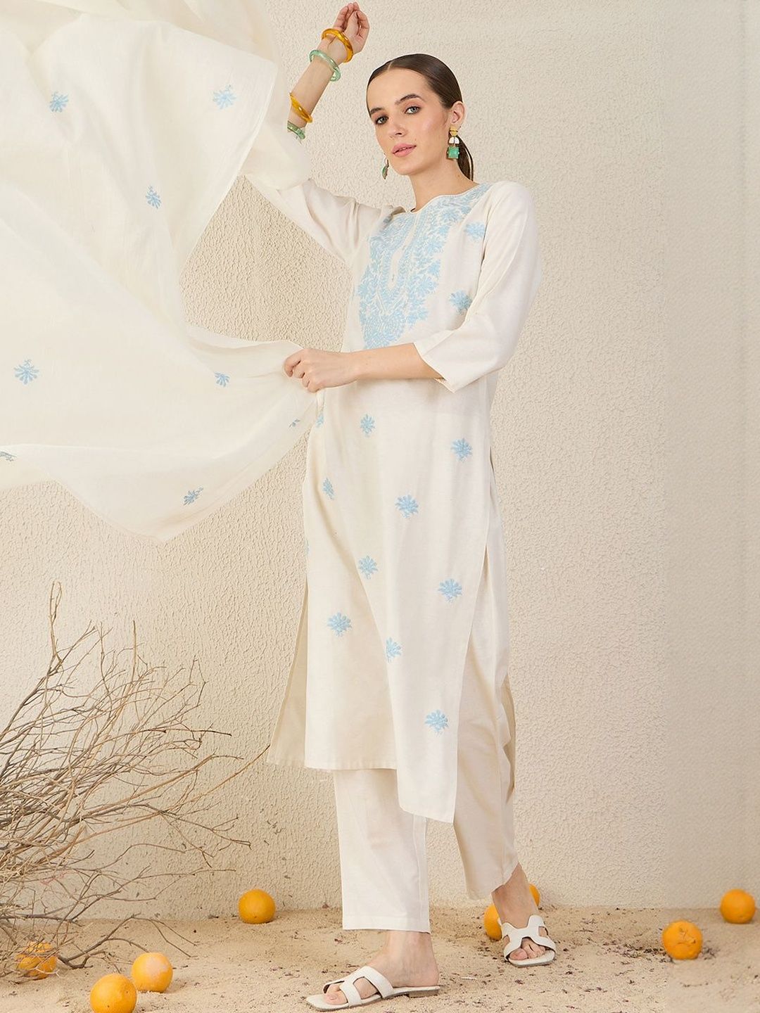 Women Floral Embroidered Cotton Kurta with Trousers & Dupatta
