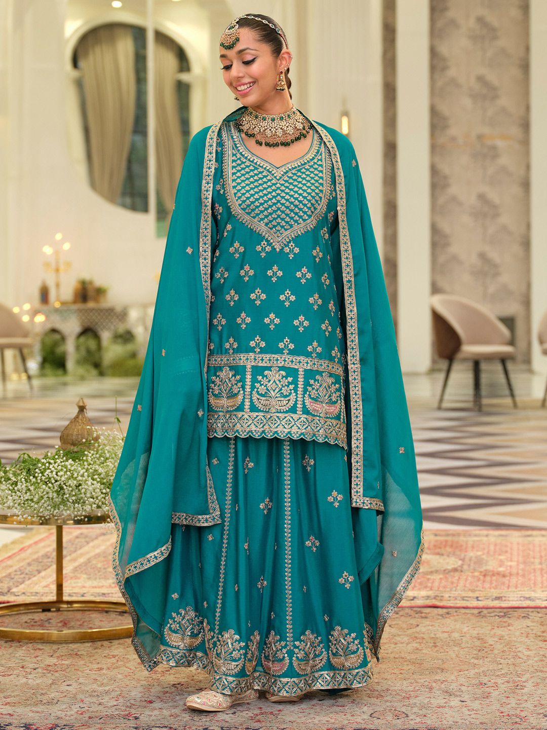 Dhiyona IE Women Ethnic Motifs Embroidered Kurta with Sharara & Dupatta
