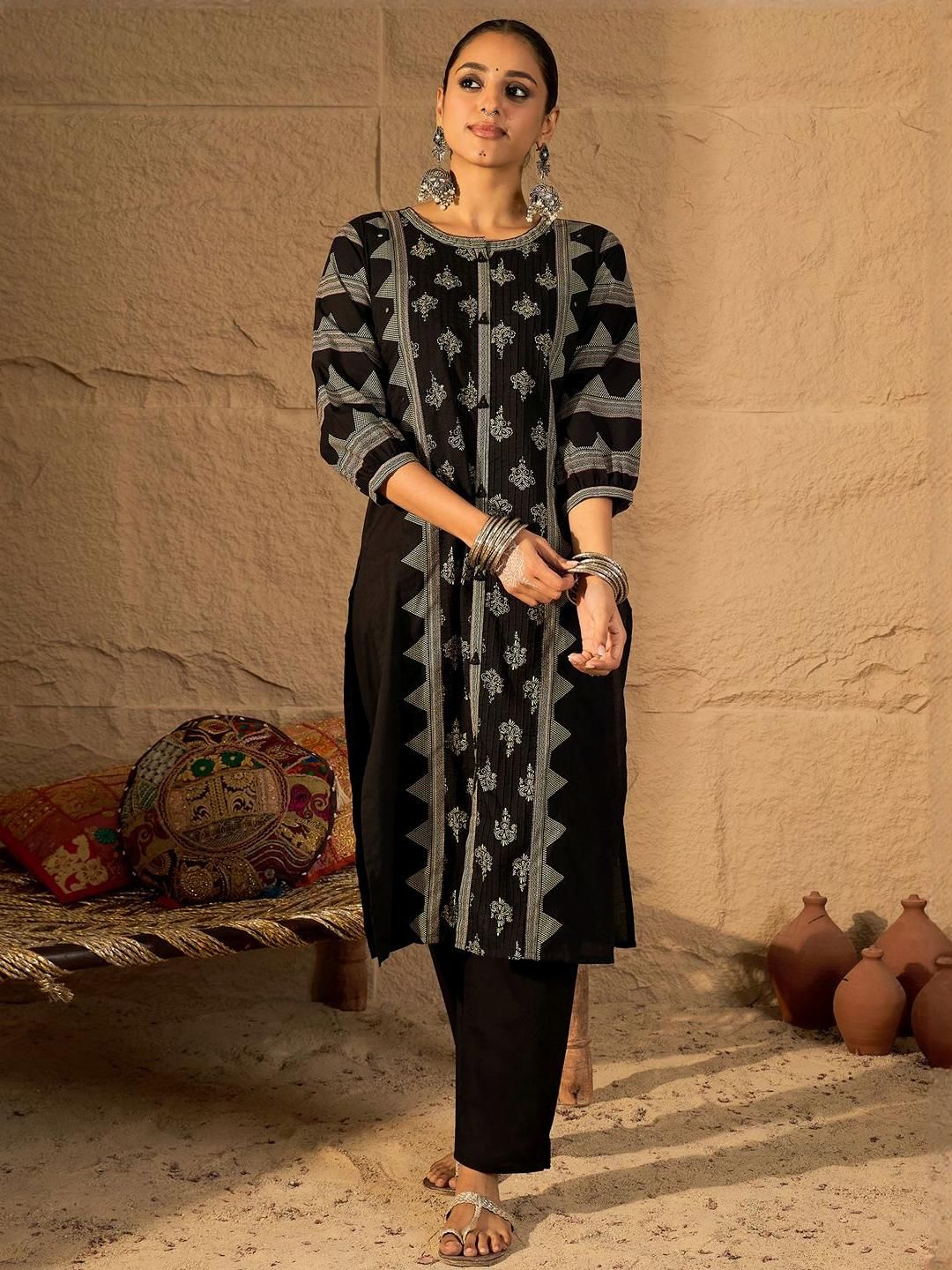 Dhiyona IE Printed Pure Cotton Round Neck Tunic With Trousers