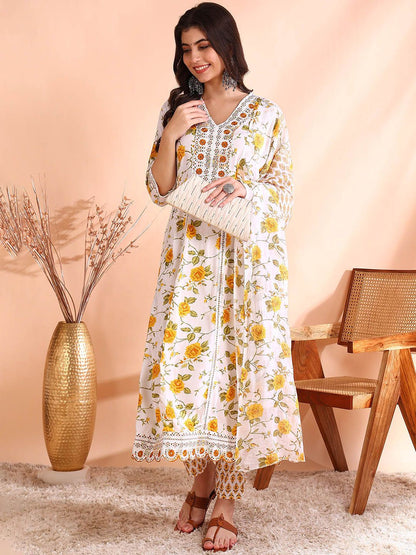 Dhiyona OD  Thread Work Pure Cotton Anarkali Kurta with Trousers & Dupatta