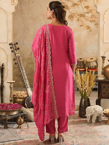Women Woven Design Embroidered Kurta with Trousers & Dupatta