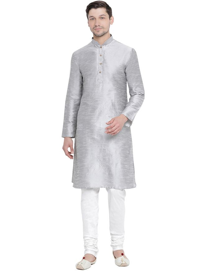 Men's Grey Silk Blend Straight Kurta Pyjama Set