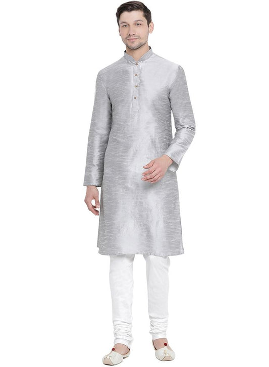 Men's Grey Silk Blend Straight Kurta Pyjama Set