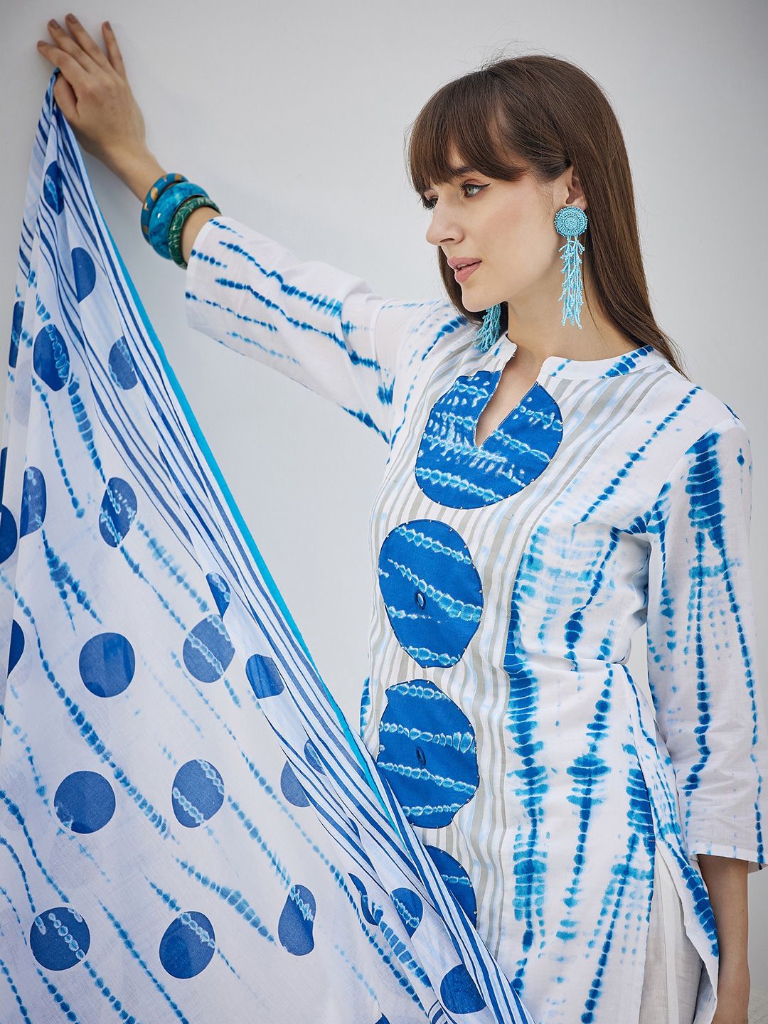 Dhiyona IE Tie And Dye Screen Technique Pure Cotton Kurta With Trousers & Dupatta