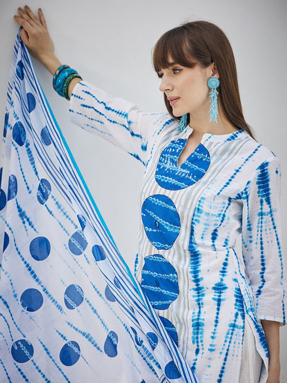 Tie And Dye Screen Technique Pure Cotton Kurta With Trousers & Dupatta