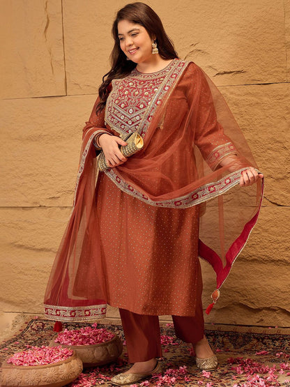 Dhiyona IN Plus Size Floral Yoke Design Sequinned Kurta With Trousers & Dupatta