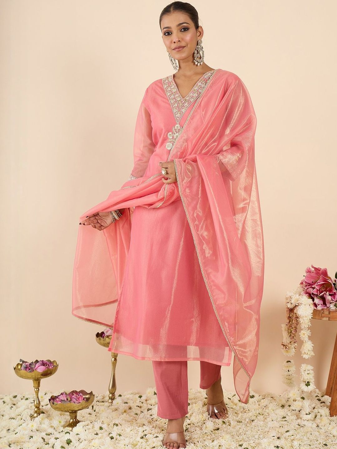 Women Ethnic Motifs Embroidered Regular Thread Work Kurta with Trousers & With Dupatta