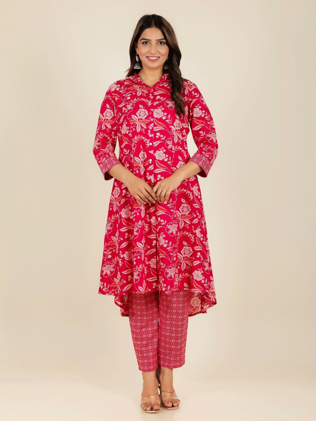 Women's Red Soft Cotton Floral Print High Low Kurta Pant Set for Women