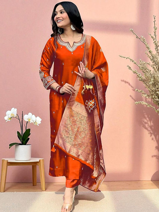 Dhiyona SN Women's Embroidered Straight Kurta Pyjama & Dupatta