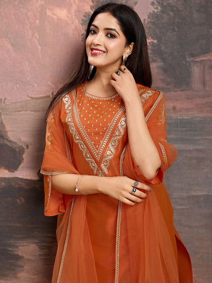 Dhiyona PD Women Embroidered Kurta & Trousers With Net Dupatta Set