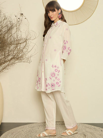 Dhiyona IE Women Embroidered Shirt Collar Cotton Top and Trousers Co-Ords