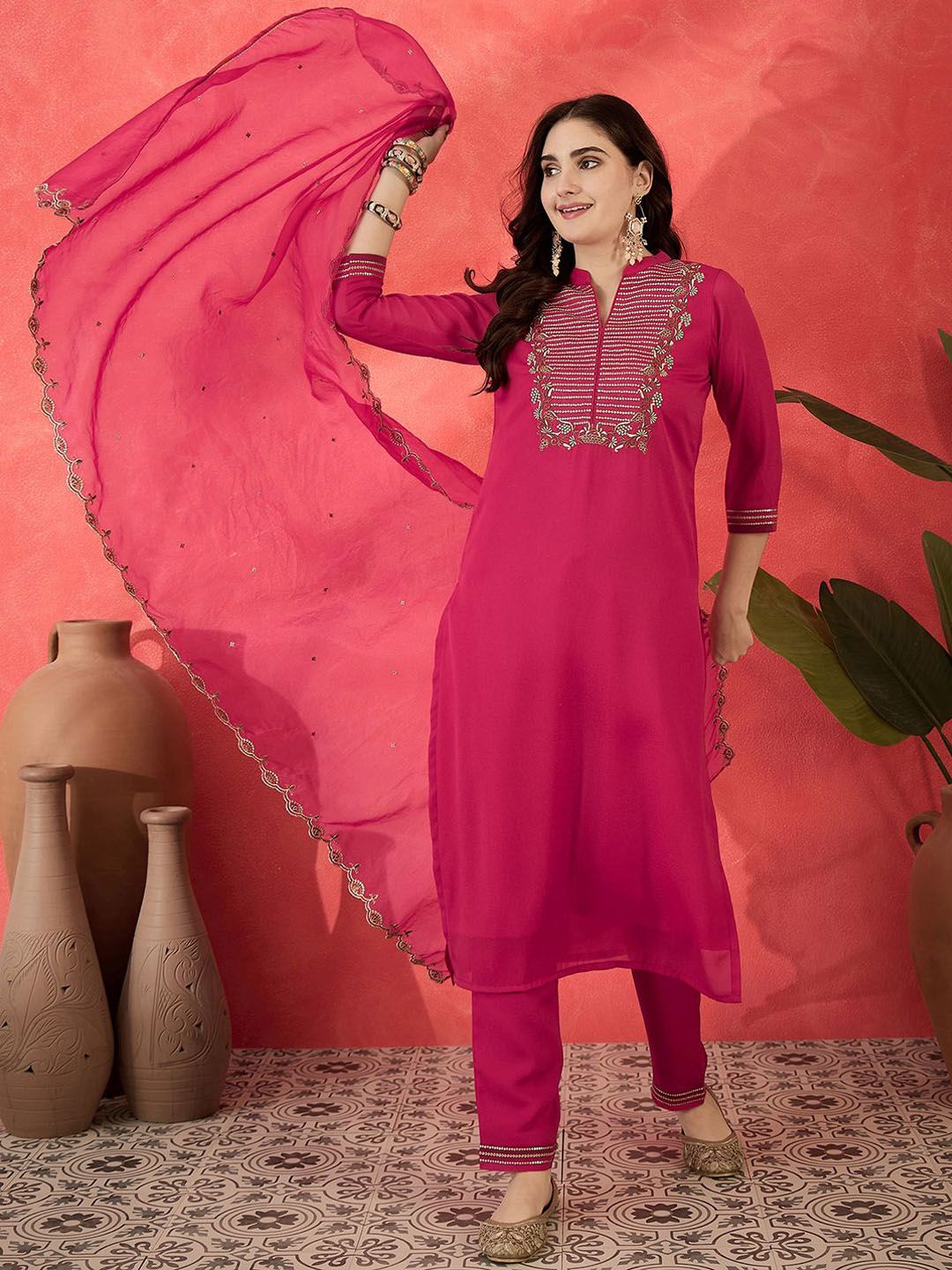 Dhiyona SN Women's Floral Embroidered Mandarin Collar Sequinned Straight Kurta Trousers & Dupatta