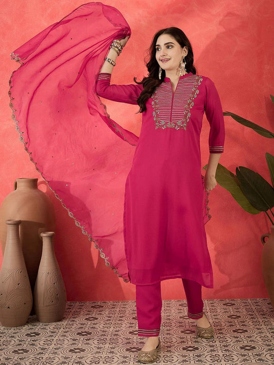Dhiyona SN Women's Floral Embroidered Mandarin Collar Sequinned Straight Kurta Trousers & Dupatta