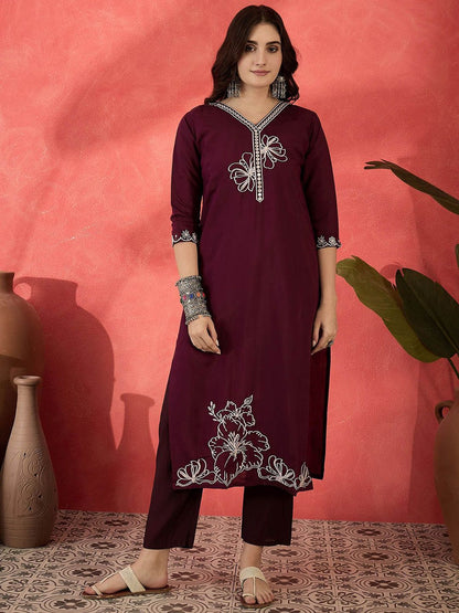 Dhiyona SN Women's Embroidered V-Neck Kurta With Trousers & Scalped Dupatta